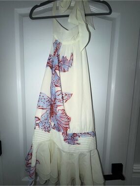 Peppermayo Ivory One-Shoulder Dress with Blue and Red Floral Accent